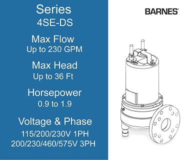 Barnes Sewage Pumps, 4SE-DS Series, 0.9 to 1.9 Horsepower, 115/200/230 Volts 1 Phase, 200/230/460/575 Volts 3 Phase